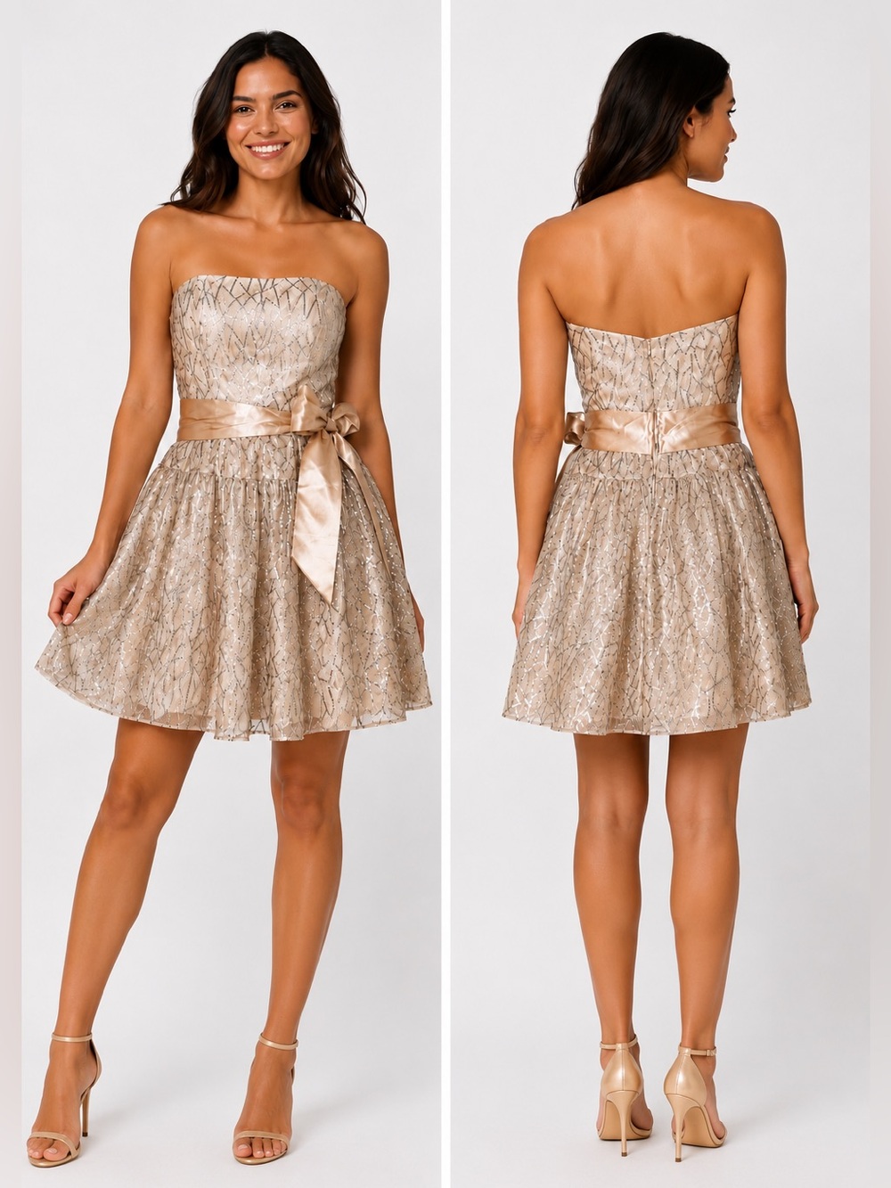 Jessica McClintock Size 7 Champagne Sequin Satin Strapless Party Dress Fit Flare